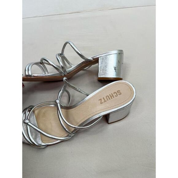 Schutz Silver Strappy Design Block Heel Open Toe Sandal Leather Womens Size 8.5B - Picture 7 of 13